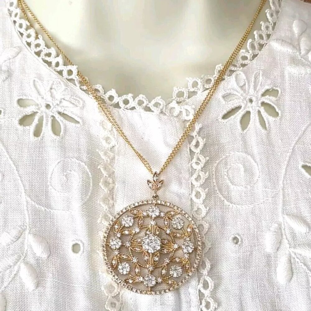 14k Gold &  1.5TCW Diamond Effy Pendant Necklace Large Medallion